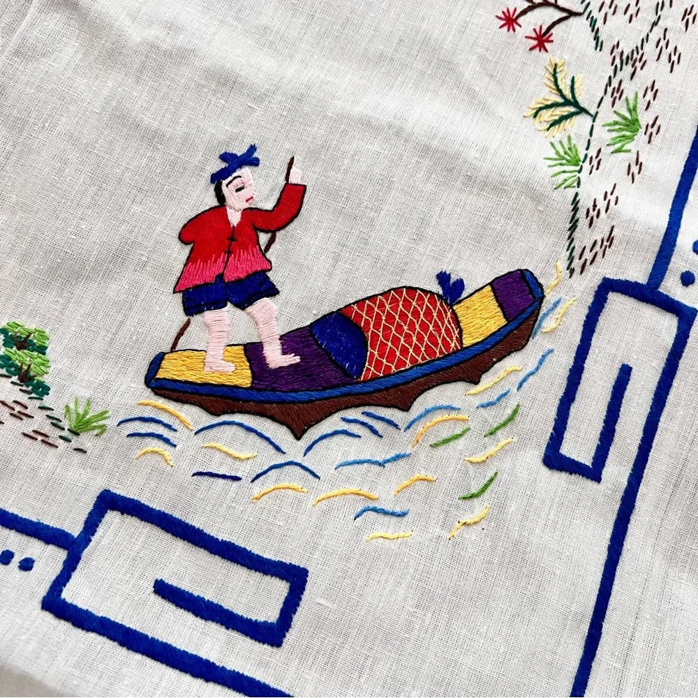 Antique Oriental Country‎ Lifestyle Hand Embroidered Tablecloth 95” X 53” Mint